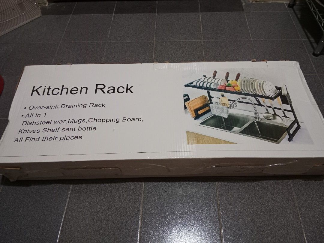 Kitchen Rack (Category: Other Kitchenware & Tableware) located in Singapore. Submitted by clickztobuy (Listing ID 1364480892, Image 1). Description: Over-sink Draining Rack to drain water after washing mugs, chopping board, cups, mugs or bottle. Black Stainless steel This is a DIY set, please fixed it yourself..