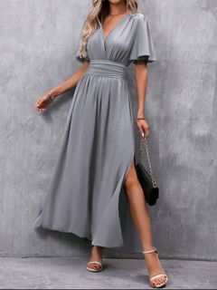 SHEIN Clasi Summer Casual Solid Side Slit Dress Maxi Women Outfit
