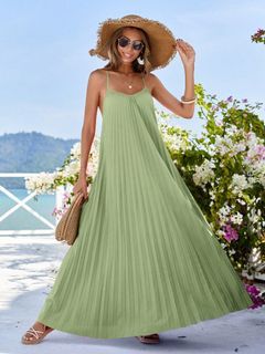 SHEIN VCAY Women Pleated Backless Simple Summer Casual Holiday Spaghetti Strap Dress,Sage Green Dress