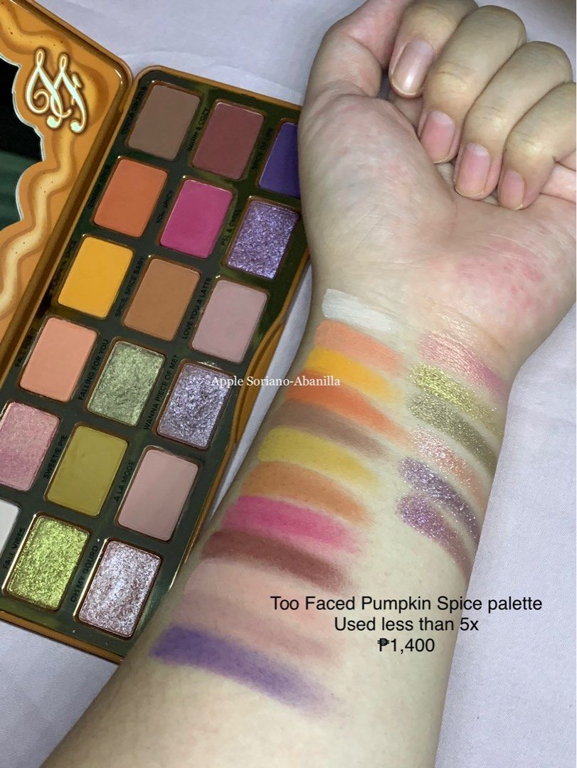 Too Faced Pumpkin Spice eyeshadow palette (Category: Makeup) located in Quezon City. Submitted by appleabanilla (Listing ID 1364493259, Image 1). Description: Location: Proj. 8 QC MOP: Gcash/COD thru lalamove MOD: Lalamove is preferred. If willing to wait, pwede po LBC. .