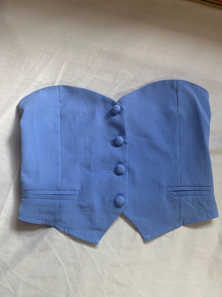 blue tube set coordinates (Category: Sets or Coordinates) located in Cainta. Submitted by arideclutter (Listing ID 1361535891, Image 3). Description: Size: One size Recommended for frames: SMALL to MEDIUM Dimensions when laid flat: top: front length 11" back length 7" armpit to armpit 14" (fully smocked back, fits up to 35" bust) with functional buttons cropped fit pants: length 38" waist 12" (garterized back, fits up to 28") with pockets with fr