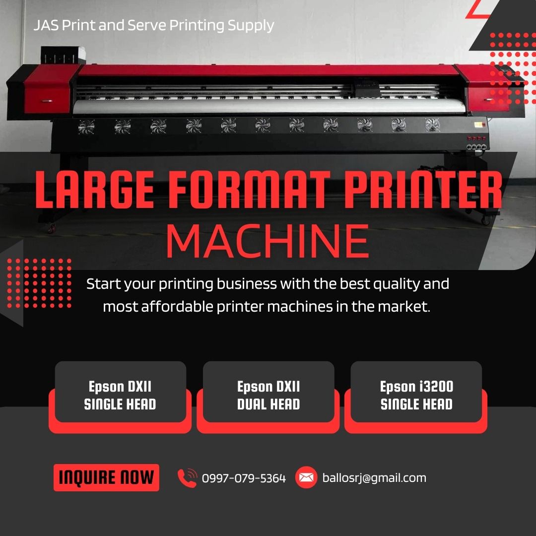 LARGE FORMAT PRINTER MACHINE FOR TARPAULIN, SUBLIMATION PRINTER AND MORE (Category: Printers, Scanners & Copiers) located in Manila. Submitted by rjballos (Listing ID 1361498756, Image 1). Description: Want to start your own printing business but you’re on a budget? May it be for shirt printing, sublimation, tarpaulin, stickers or more. We got you! Start your printing business with the best quality and most affordable printer machines in the mark