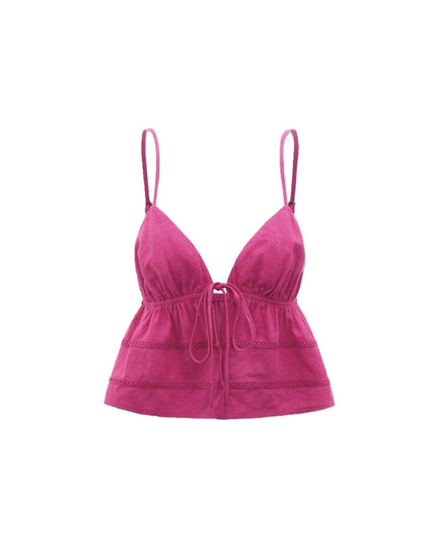 Linen Pink Front Tie Summer Top (Category: Others Tops) located in Quezon City. Submitted by declutterwjjj (Listing ID 1361507821, Image 1). Description: Linen Front Tie Summer Top from SHEIN. Peplum / Cami Top. Such a cute summer top! But a bit too revealing for me, would be perfect as a cover up for bikinis! 🫶🏻 Washed but never used still has the bag. Size XS retails for 421 selling for 370 onlyy. .