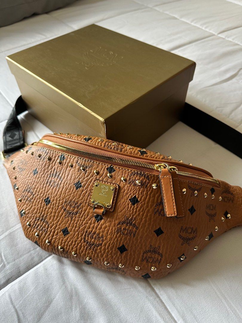 MCM belt bag (Category: Luxury Bags & Wallets) located in Pasig City. Submitted by urtrustedsellerbuyer (Listing ID 1361613343, Image 3). Description: MCM Fursten Belt Bag Visetos Studded Outline Medium Cognac..