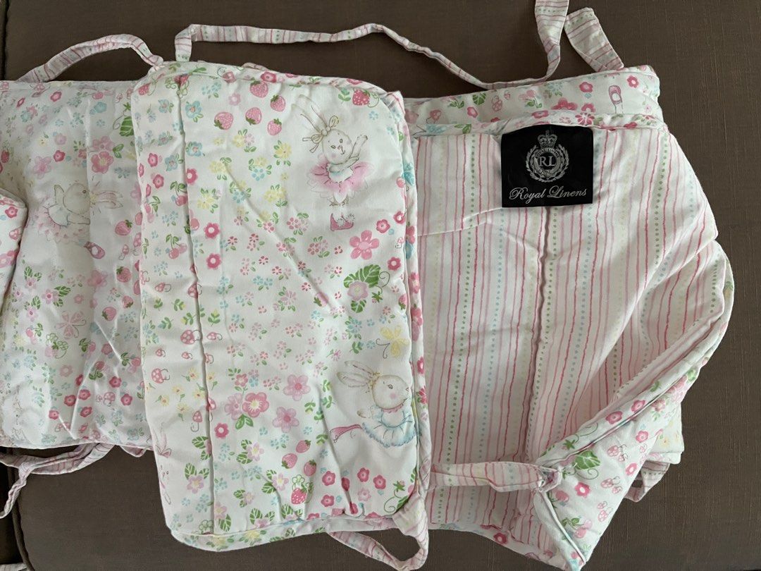 Royal Linens Crib Bumper (Category: Cots & Cribs) located in Quezon City. Submitted by muffet9 (Listing ID 1361494811, Image 2). Description: 100% cotton Fabric is very soft Good as new Brand: Royal Linens Used for a few months only Washed with Cycles baby laundry detergent Very cute design 2 diff design on each side length is 320cm length x 30 cm height.