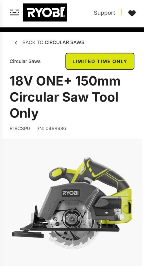 Ryobi Wireless Circular Saw (Category: Construction Tools & Equipment) located in Taytay. Submitted by mikz_1303 (Listing ID 1361561001, Image 1). Description: Ryobi Wireless Circular Saw Good Condition Model: R18CSP 18v Lithium 4ah Ryobi charger Unit, charger and battery Pick up in Taytay.