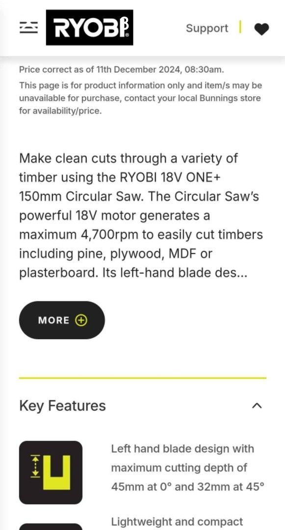Ryobi Wireless Circular Saw (Category: Construction Tools & Equipment) located in Taytay. Submitted by mikz_1303 (Listing ID 1361561001, Image 2). Description: Ryobi Wireless Circular Saw Good Condition Model: R18CSP 18v Lithium 4ah Ryobi charger Unit, charger and battery Pick up in Taytay.