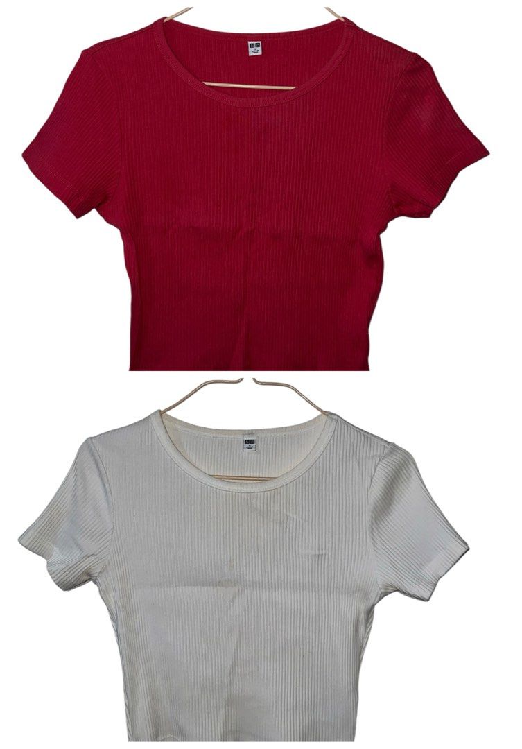Uniqlo Ribbed Crop Top (Category: Shirts) located in Dagupan City. Submitted by kamilpicks (Listing ID 1361554113, Image 1). Description: 🎀Barely used 🎀White has stain but washable 🎀400 FOR BOTH.