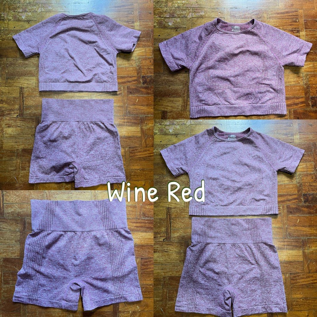 2 Workout Yoga Set for ₱750 (Category: Activewear) located in Pasig City. Submitted by annaagra (Listing ID 1361522723, Image 2). Description: 2 sets for ₱750 Seamless yoga set Color winered and purple Workout Yoga Set Croptop shorts sleeve snd high waist shorts -Crop top shirt (no padding) and high waist shorts -54% nylon, 34% polyester 12% spandex -size medium Dimension: Shirt: Bust 70cm/he 62cm/length 28.5 Pants: Waist 62cm/hip 76cm/length 35 