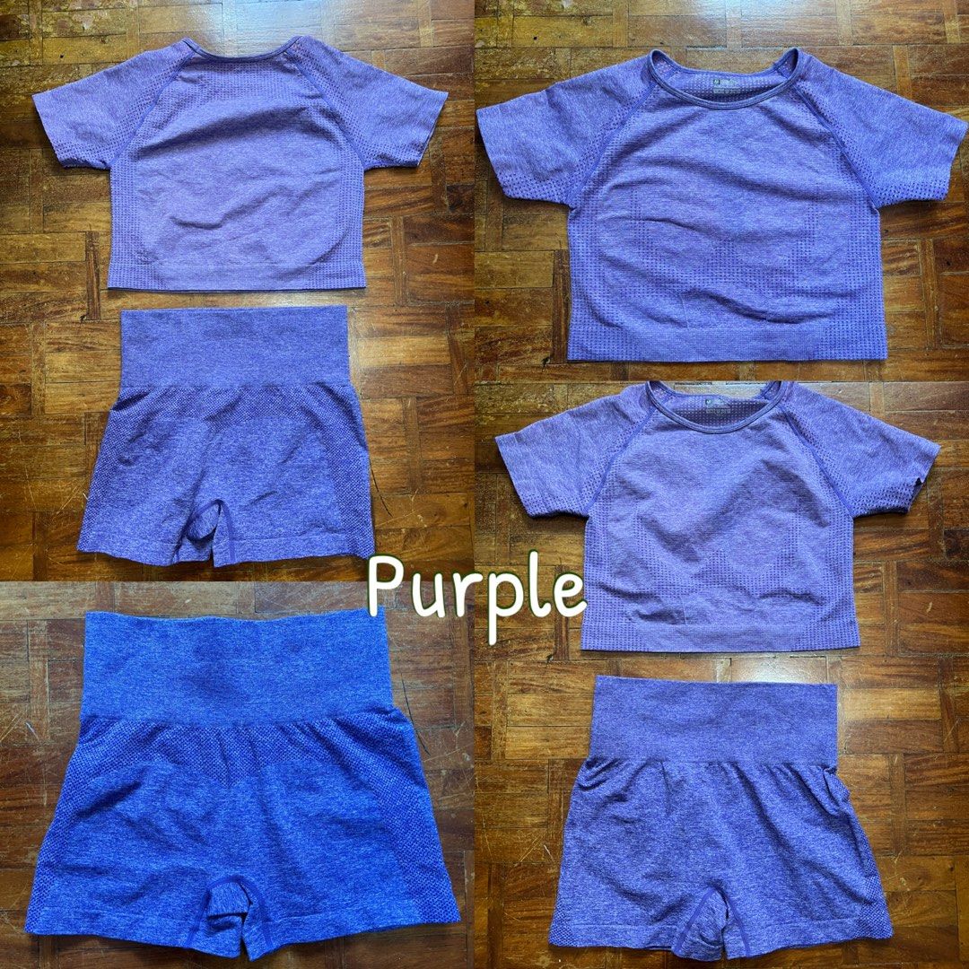 2 Workout Yoga Set for ₱750 (Category: Activewear) located in Pasig City. Submitted by annaagra (Listing ID 1361522723, Image 1). Description: 2 sets for ₱750 Seamless yoga set Color winered and purple Workout Yoga Set Croptop shorts sleeve snd high waist shorts -Crop top shirt (no padding) and high waist shorts -54% nylon, 34% polyester 12% spandex -size medium Dimension: Shirt: Bust 70cm/he 62cm/length 28.5 Pants: Waist 62cm/hip 76cm/length 35 