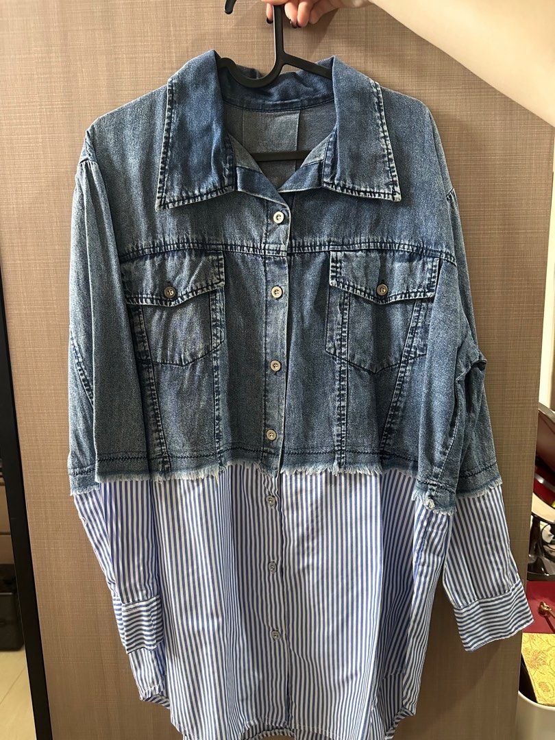Denim Long Sleeve Top Kemeja Denim Lengan Panjang Half Stripe Shirt  Casual Vintage Look