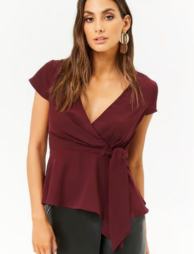 Forever 21 Contemporary Tie Peplum Top (Category: Blouses) located in Mandaluyong City. Submitted by blzstr (Listing ID 1364708248, Image 2). Description: Used once Side zip Color is wine red or burgundy .