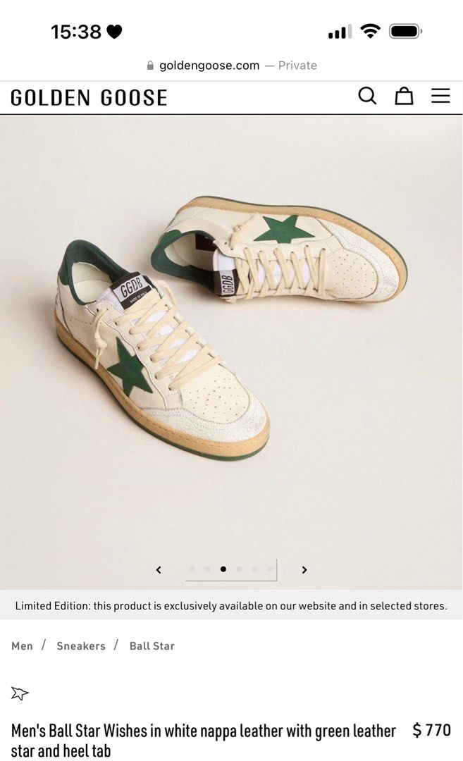Golden Goose Green Ballstar (Category: Sneakers) located in Manila. Submitted by saintizzy (Listing ID 1364646556, Image 2). Description: 🏷️Men’s Ball Star Wishes in white nappa leather with green leather star and heel tab 🍀 From GGDB HNL 🍀 Complete inclusions 🍀 Mint condition 🍀 Sure buyer only!! 🍀 DM for meetup loc .