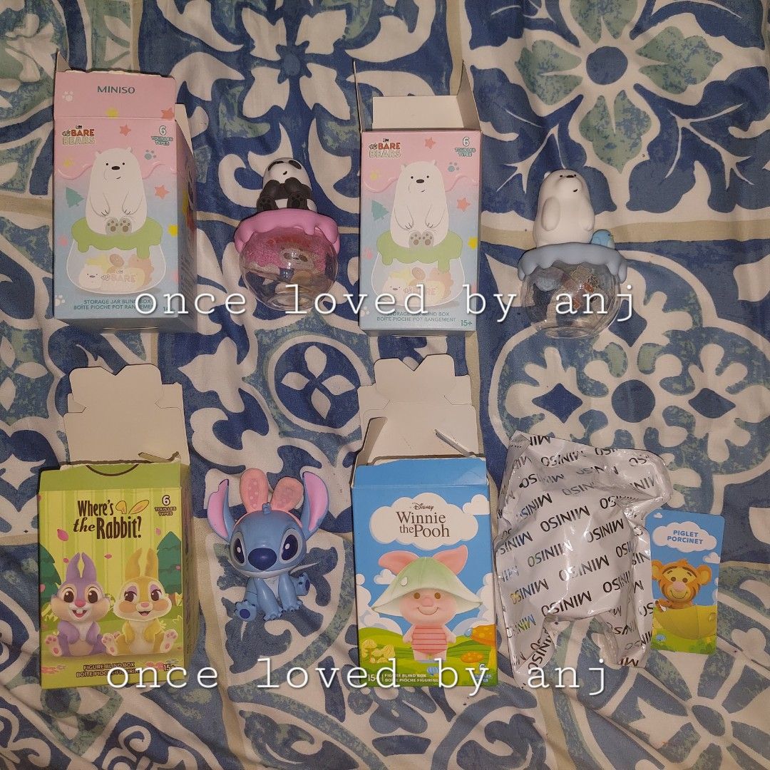 Miniso We Bare Bears and Disney Blind Boxes (Category: Designer & Blind Box Toys) located in Quezon City. Submitted by angelaila27 (Listing ID 1364699942, Image 1). Description: We Bare Bears and Disney Blind Boxes - Ice Bear - Php200 - Panda - Php200 - Where's the Rabbit - Stitch - Php300 - Winnie the Pooh - Tigger - Php400 Take all 4 for Php1000. MOP: Gcash, Maya, BPI MOD: GGX, LBC COP.