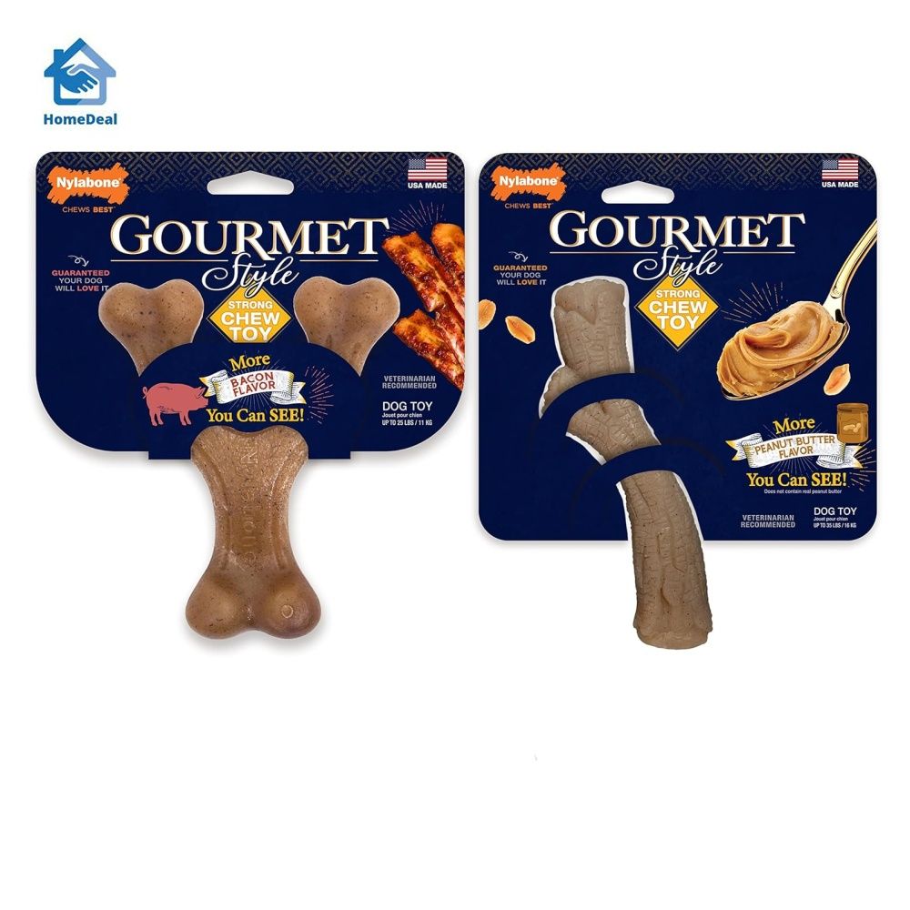 Nylabone Gourmet Style Strong Chew Toy Bundle, Chew Toys for Dogs, Bacon & Peanut Butter Flavor, Small/Regular (2 Count) (Category: Homes & Other Pet Accessories) located in Singapore. Submitted by homedealsg (Listing ID 1364691445, Image 1). Description: OUR MOST POPULAR SHAPES - Chew toy bundle includes 2 engaging designs dogs love FLAVOR YOU CAN SEE - Uniquely crafted with bold bits of gourmet flavor roasted throughout DURABLE DOG TOYS - Made 