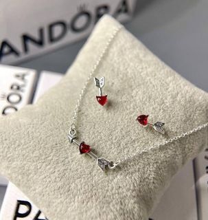 PANDORA ARROW AND HEART GLASS NECKLACE AND EARRINGS SET