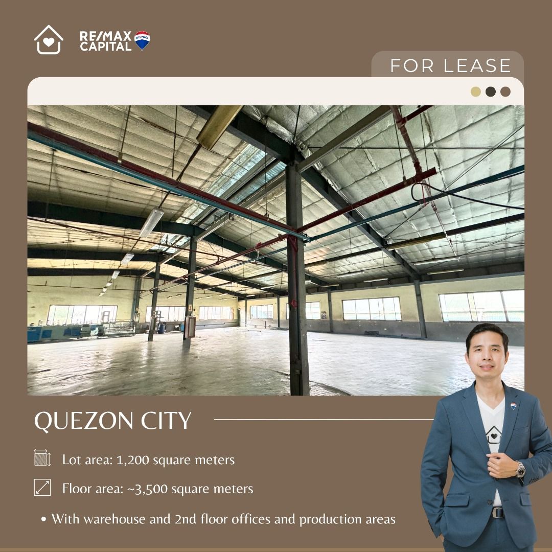 Quezon City Warehouse for Lease! (Category: Commercial) located in Quezon City. Submitted by daphne.yu_favoritebroker (Listing ID 1364731227, Image 1). Description: Quezon City Warehouse for Lease! - near Grace Village - ⁠Wide roads that can accommodate 40-foot container trucks Lot area: ~2,000 square meters Floor area: ~3,500 square meters With warehouse and 2nd floor offices and production areas Parking space Lease Rate: Php900k/month (Php450/s