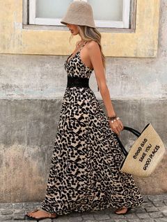 SHEIN VCAY Valentine's Day Out Holiday Date Dress, Vintage Leopard Print Lace Big Backless Loose Bottom Dress