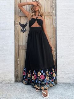 SHEIN VCAY Valentine's Day Out Holiday Date Dress, Women's Lace Up Waist Hollow A Line Embroidered Mesh Romantic Holiday Dress