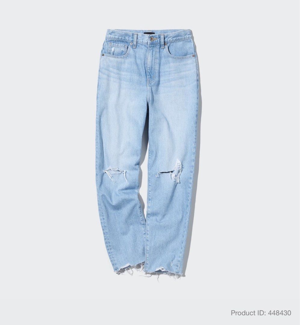 Uniqlo Ripped Mom Jeans (Category: Jeans) located in Caloocan City. Submitted by dmdmp (Listing ID 1364680683, Image 1). Description: Color: Light Blue Denim Fits 26 Flat lay measurement: 13in.
