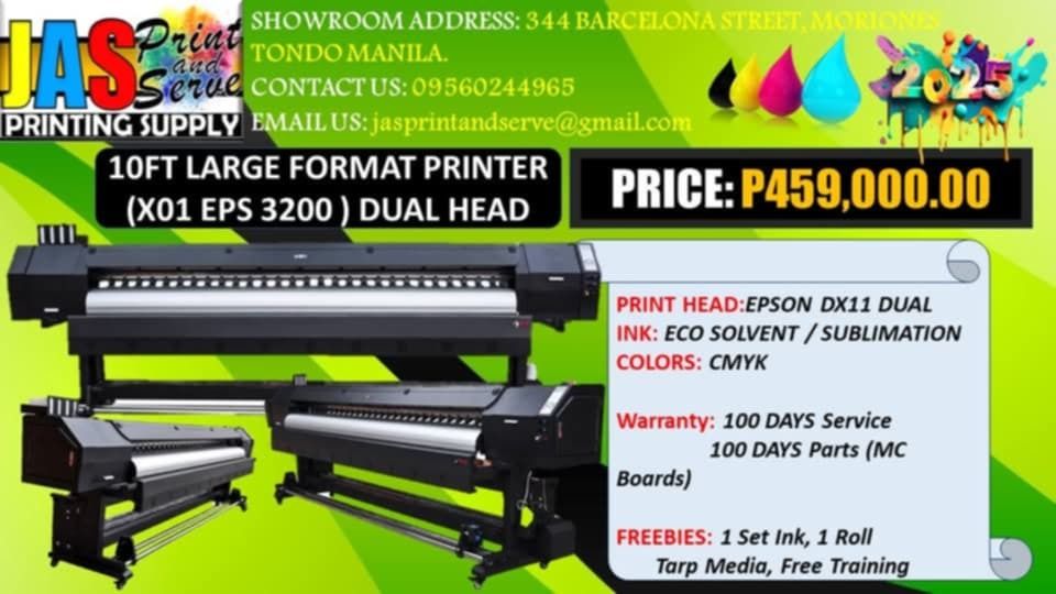 10ft 10.5ft Large Format Printer Tarpaulin Printer Eco Solvent Printer Sublimation Printer (Category: Printers, Scanners & Copiers) located in Quezon City. Submitted by joemhelbarros272612 (Listing ID 1364787322, Image 1). Description: Supplier here! Looking for top-quality printing equipment and supplies? Look no further than JASPrint And Serve Printing Supply! We're easy to find and always ready to serve. Address: 344 Moriones Street, Corner Ba