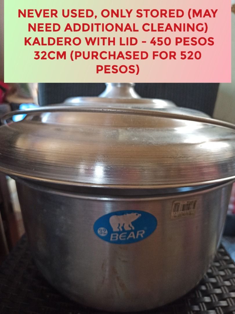 32cm Kaldero with Lid (Category: Cookware & Accessories) located in Caloocan City. Submitted by caramelann14 (Listing ID 1364762910, Image 1). Description: Never Used, only stored but may need additional cleaning purchased for 520 pesos.