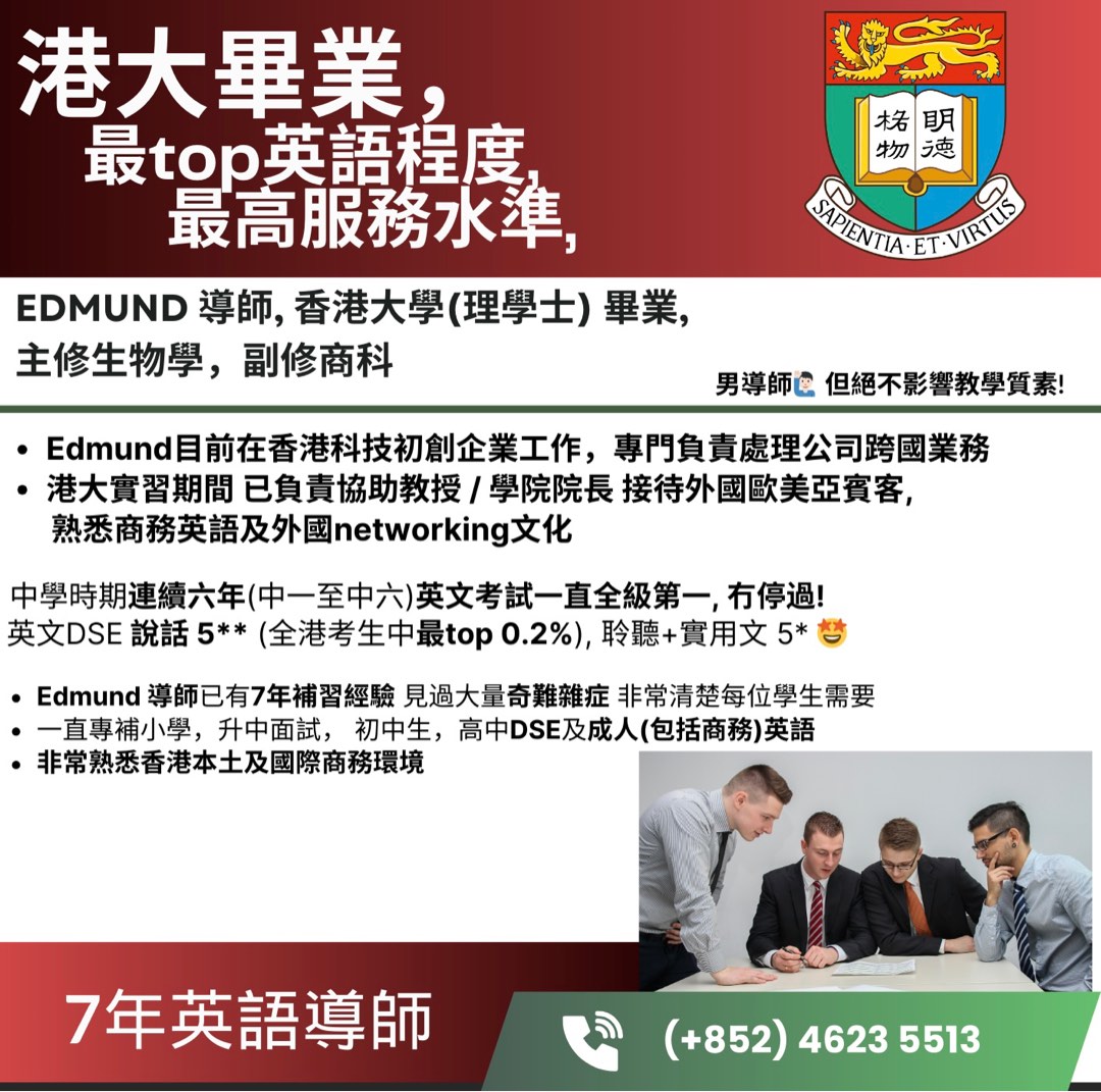 平價成人（包括大專生，打工仔）英語補習　非中介 港大 7年經驗Edmund英文導師62863124563075111