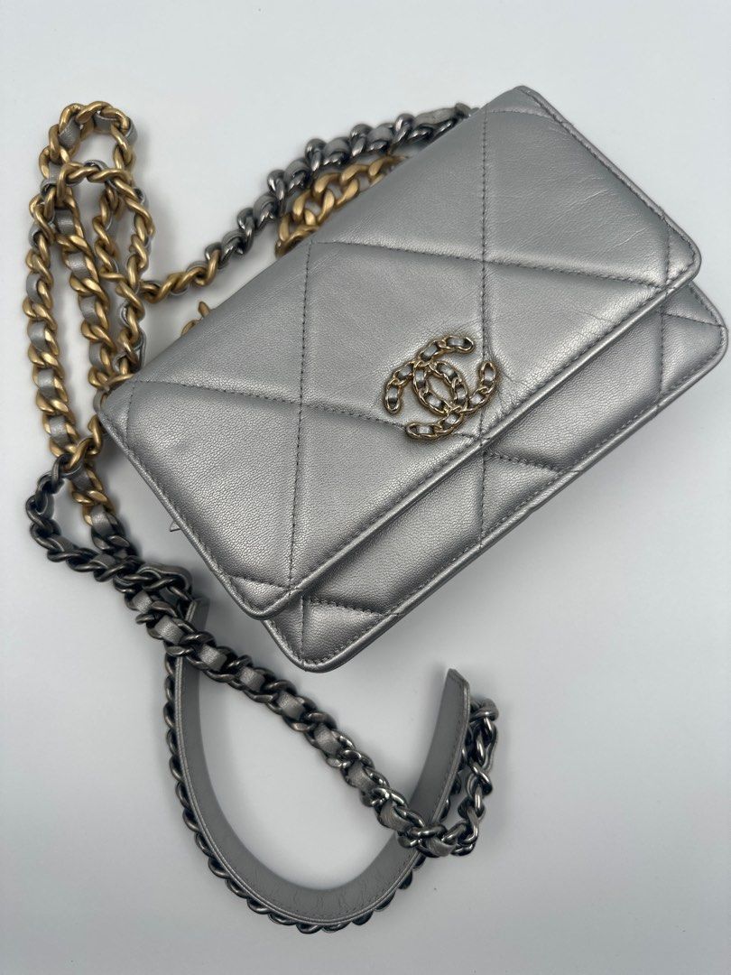 Authentic Chanel Metallic Lambskin Quilted C19 Wallet on Chain Silver (Category: Luxury Bags & Wallets) located in Quezon City. Submitted by jiggermeister007 (Listing ID 1364844090, Image 2). Description: Very good condition. With box, provided dustbag and hologram intact series 30 (Year 2020)..