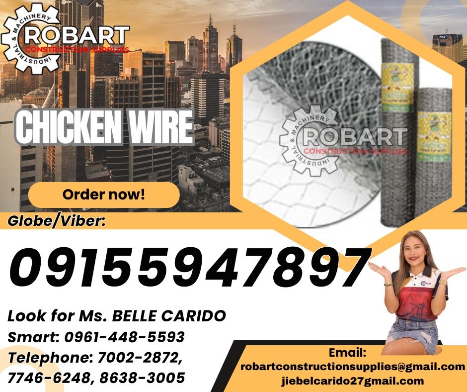 Chicken Wire (Category: Construction & Building Materials) located in Caloocan City. Submitted by beyyroque37874 (Listing ID 1364779430, Image 1). Description: Chicken Wire Mesh Size: 3/4in or 1in Height: 3ft to 6ft Length: 25 yards (FOR FABRICATION) 𝑹𝑶𝑩𝑨𝑹𝑻 𝑪𝑶𝑵𝑺𝑻𝑹𝑼𝑪𝑻𝑰𝑶𝑵 𝑺𝑼𝑷𝑷𝑳𝑰𝑬𝑺 Office Address: 1405 Yuseco St. Sta Cruz Manila SEND US MESSAGE FOR INQUIRIES ‼️ ‼️ Glb/Vibr: 0915-594-7897 Smrt: 0961-448-5593 Landline: (7746-