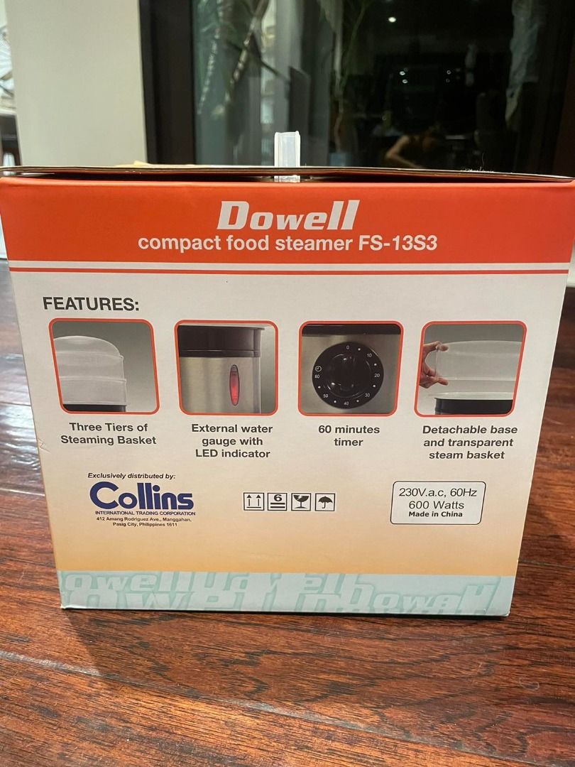 Dowell FS-13S3 3-Tier Compact Food Steamer (Category: Irons & Steamers) located in Quezon City. Submitted by camiestuff (Listing ID 1364901727, Image 2). Description: Dowell FS-13S3 3-Tier Compact Food Steamer Original Price is P2,399 but selling it for P1700 3 Tier food steamer Tranparent steamer basket Detachable plastic base Up to 60 minutes off timer setting Bell sound indictaor when timer ends Water level indicator 1.6 liter capacity Specifi