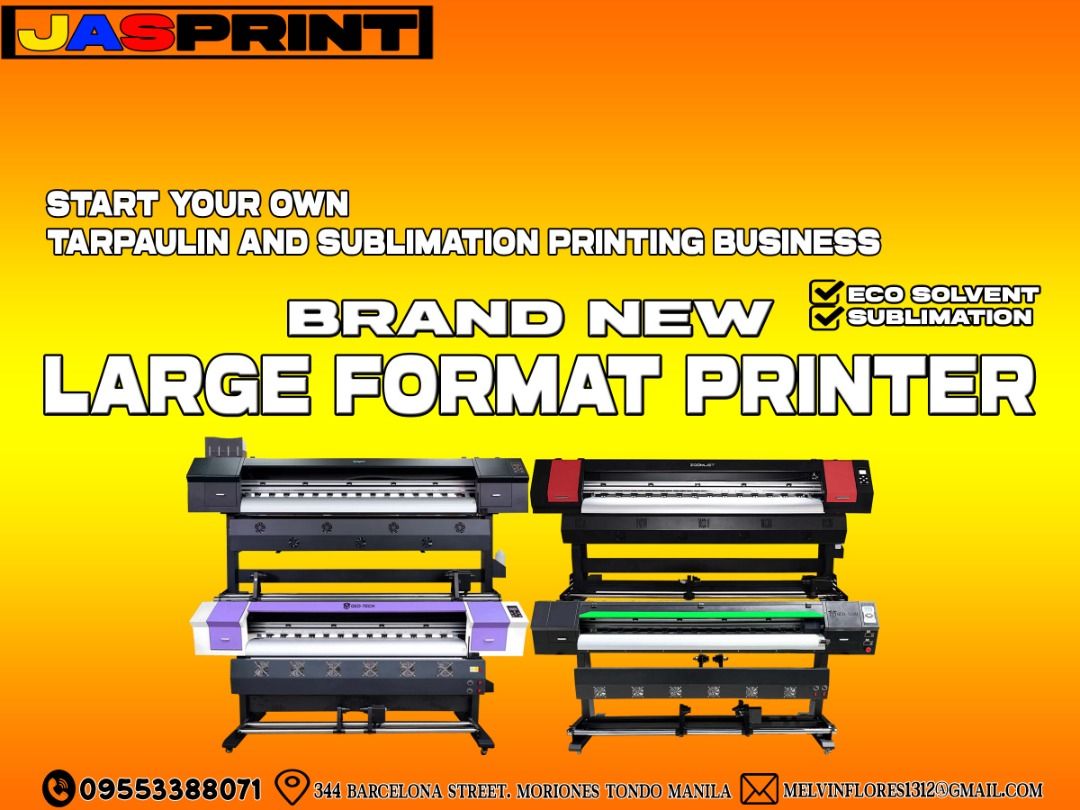 ECO SOLVENT PRINTER MACHINE TARPAULIN AND STICKER (Category: Printers, Scanners & Copiers) located in Manila. Submitted by melvinflor41363 (Listing ID 1364770138, Image 1). Description: LARGE FORMAT PRINTER MACHINE Price Starts @ Php169,000 Supplier of Brand New DX11, Dual Head DX11 & i3200 Tarpaulin Sublimation Printer Machine 6ft and 10ft, Brand New Laser Cutter and Brand New Cutter Plotter, Brand New Heat Press and other kind of printing machi