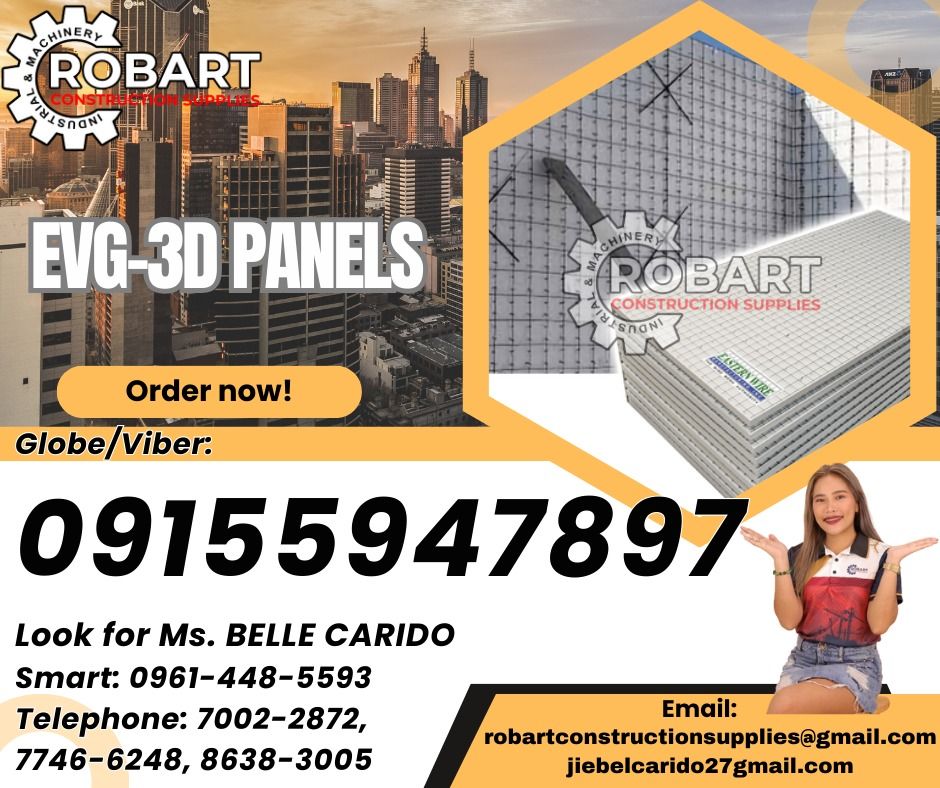 EVG-3D Panels (Category: Construction & Building Materials) located in Caloocan City. Submitted by beyyroque37874 (Listing ID 1364779185, Image 1). Description: EVG-3D Panels 2" x 2" x 1.2M Std. Length: 2.4M , 2.7M , 3.0M EPS Insulation: 1-1/2" - 6" (FOR FABRICATION) 𝑹𝑶𝑩𝑨𝑹𝑻 𝑪𝑶𝑵𝑺𝑻𝑹𝑼𝑪𝑻𝑰𝑶𝑵 𝑺𝑼𝑷𝑷𝑳𝑰𝑬𝑺 Office Address: 1405 Yuseco St. Sta Cruz Manila SEND US MESSAGE FOR INQUIRIES ‼️ ‼️ Glb/Vibr: 0915-594-7897 Smrt: 0961-448-5593