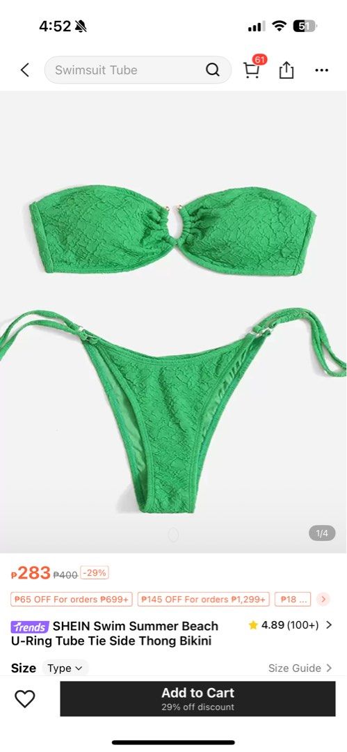 Green Bandeau Swimsuit Bikini (Category: Bikinis & Swimsuits) located in Paranaque City. Submitted by sj_things (Listing ID 1364845410, Image 1). Description: Green Bandeau U-ring padded top with string bottoms in size XS. Please see last pictures for size reference only worn once to fit .