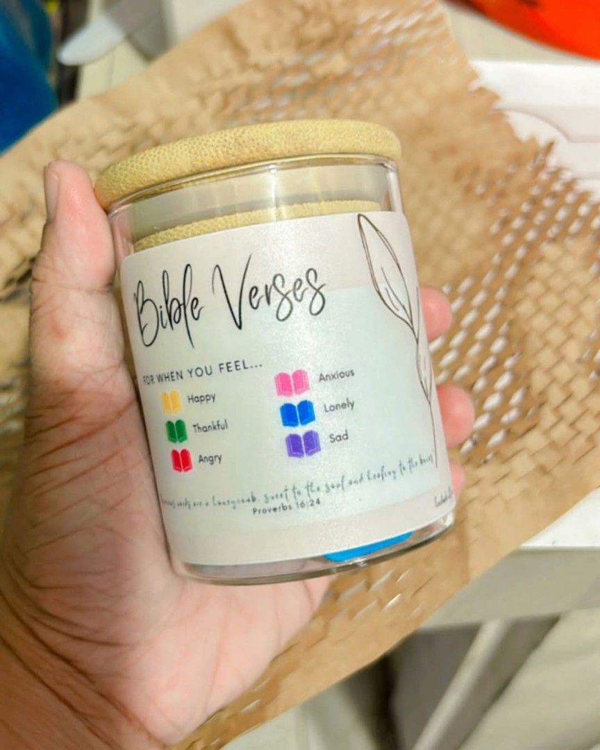 Meaningful and cute Bible Verse Jar (Category: Other Home Decor) located in Makati City. Submitted by izzie_stevensoo7 (Listing ID 1364872500, Image 2). Description: Pick a verse, reflect and pray Feel God's love throughout your day. Greay for gifts and souvenirs too. Just message me for orders!.