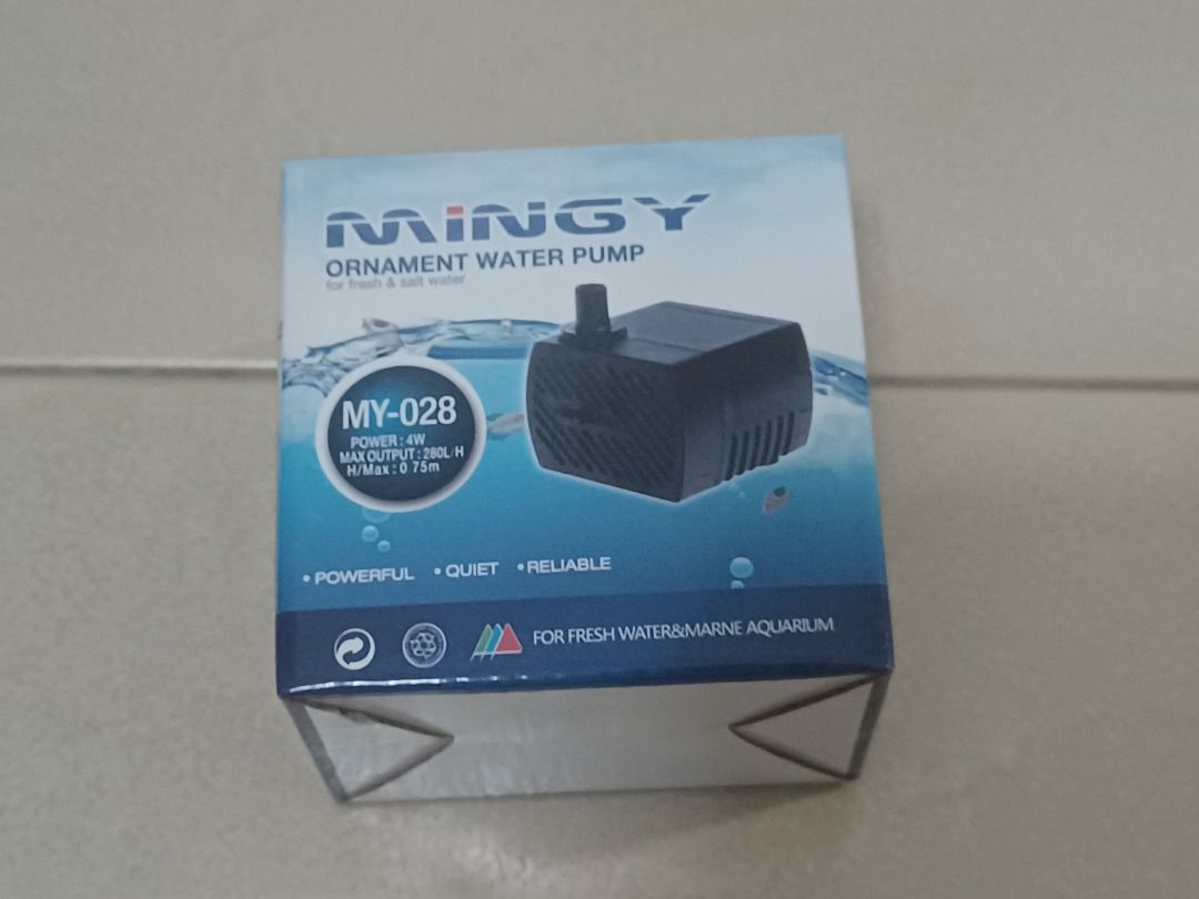 Mingy, Submersible, Water Pump, MY-028, 4 Watts, New (Category: Homes & Other Pet Accessories) located in Singapore. Submitted by pinkpuffin (Listing ID 1364765591, Image 3). Description: Self collect at Redhill MRT. Mingy, Submersible, Water Pump, MY-028, 4 Watts, New. Rated V: 220V/240V. Rated power: 4W. Maximum lift: 0.75m. Maximum flow: 280L/h. Dimensions ( LxBxH ): 48 x 46 x 34mm Water nozzle diameter : 7 mm Water nozzle height: 10 mm Power 
