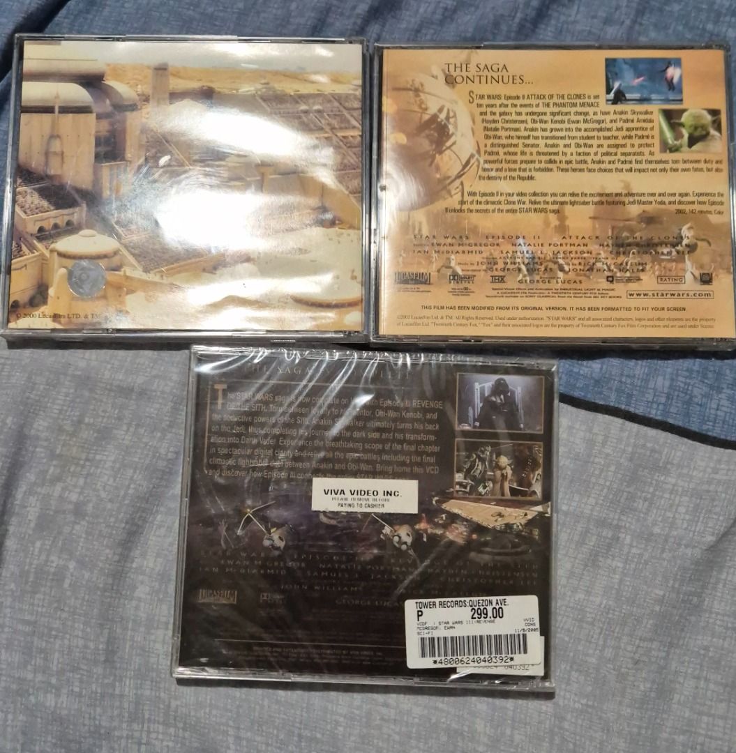 STAR WARS EPISODE 1-3 TRILOGY VCD (Category: CDs & DVDs) located in Quezon City. Submitted by lafontanabuonafortuna (Listing ID 1364900764, Image 2). Description: STAR WARS EPISODE 1-3 VCD EPISODE 3 STILL SEALED ALMOST NEVER USED QC NEW MANILA AND MANDALUYONG AREA .
