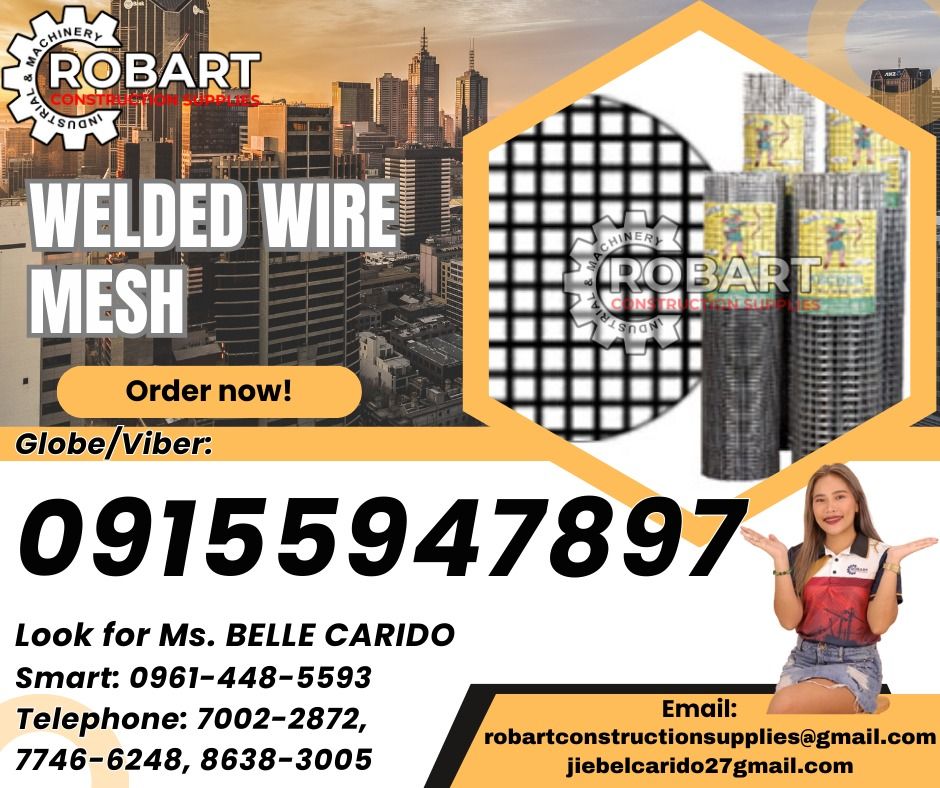 Welded Wire Mesh (Category: Construction & Building Materials) located in Caloocan City. Submitted by beyyroque37874 (Listing ID 1364777895, Image 1). Description: Welded Wire Mesh Light Mesh Size: 3/4in, 1/2in, 1in Heavy Mesh Size: 1/2in, 1/2x1in, 1in, 1x2in, 2x2in Length: 25 yards/roll Height: 3ft or 4ft (For Fabrication) 𝑹𝑶𝑩𝑨𝑹𝑻 𝑪𝑶𝑵𝑺𝑻𝑹𝑼𝑪𝑻𝑰𝑶𝑵 𝑺𝑼𝑷𝑷𝑳𝑰𝑬𝑺 Office Address: 1405 Yuseco St. Sta Cruz Manila SEND US MESSAGE FOR I