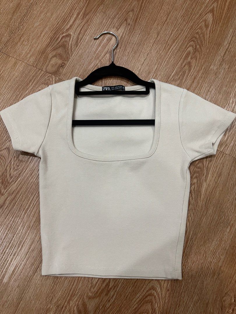 ZARA Beige Square Neck Top (Category: Blouses) located in Manila. Submitted by decluttering77 (Listing ID 1364943312, Image 1). Description: - beautiful condition! thick tela - says m on tag but fits xs-s.