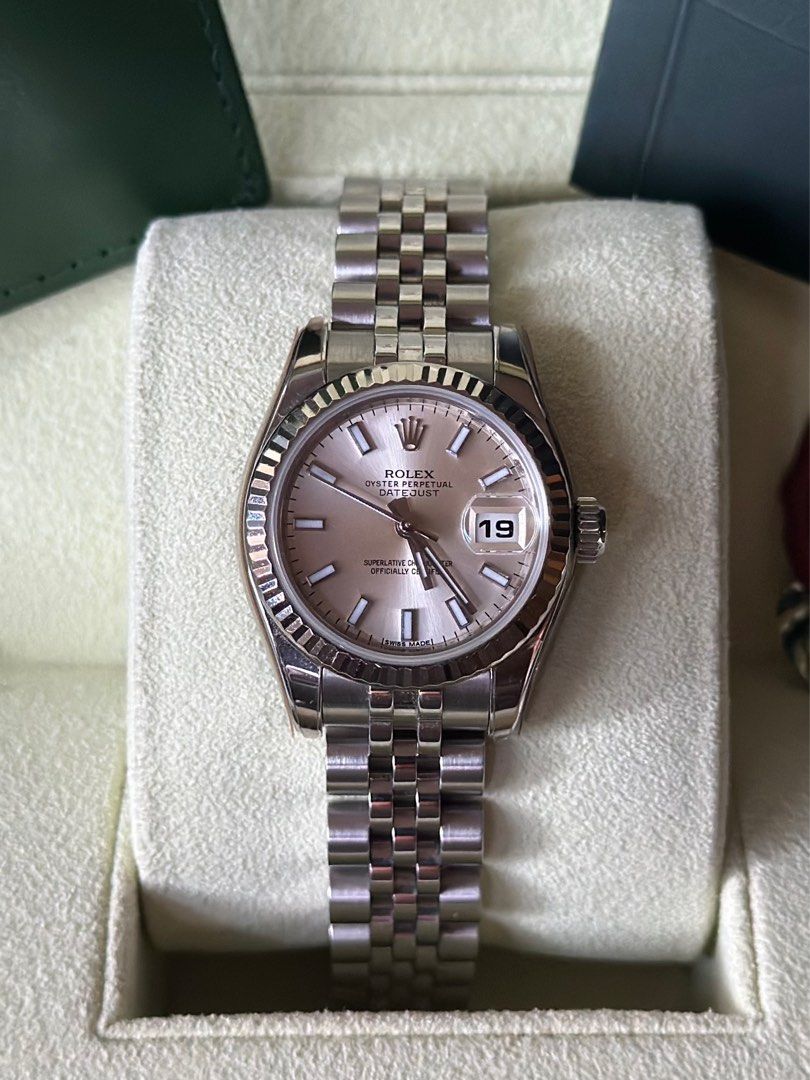 2013 Rolex Datejust 26mm (Category: Luxury Watches) located in Manila. Submitted by ec_lim (Listing ID 1365028898, Image 1). Description: 2013 Rolex Datejust 26mm • Ref. No. 179174 • Silver Sunburst Dial • 18K White Gold Fluted Bezel • Sapphire Crystal (scratch-resistant) • White Gold Baton/Stick Dial with Luminous Fill • White Gold Hands with Luminous Fill • Super Jubilee Bracelet • Engraved Rehaut • Caliber 2235 Automatic Movement • 48 hours Po