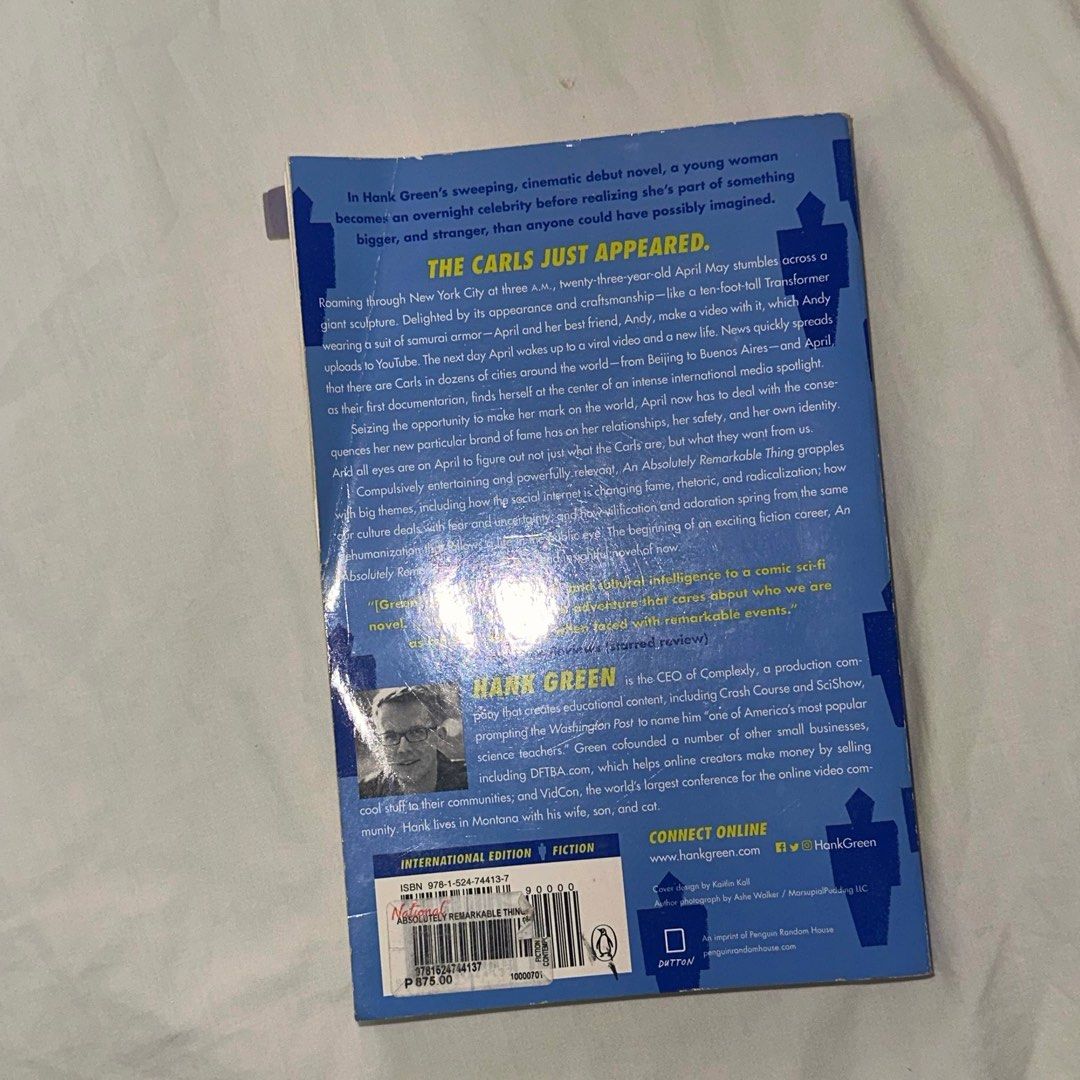 An Absolutely Remarkable Thing by Hank Green (Category: Storybooks) located in Bulacan. Submitted by gabsattic (Listing ID 1364973067, Image 3). Description: Selling!! An Absolutely Remarkable Thing by Hank Green - Okay condition Shipping is available Meetups around Bulacan, Santa Maria or Malolos.
