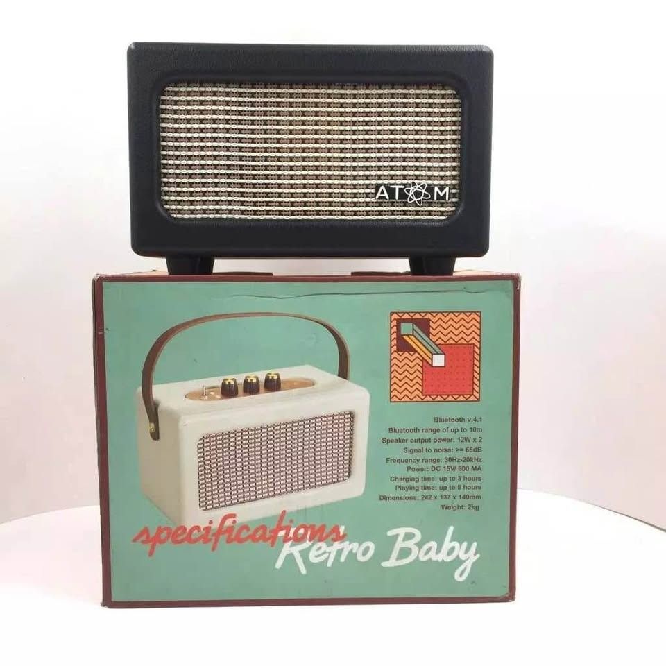ATOM Retro Baby Portable Bluetooth Music Speaker (Category: Soundbars, Speakers & Amplifiers) located in Pasay City. Submitted by meostore (Listing ID 1364953260, Image 3). Description: Model: Retro Baby Brand: ATOM Power Rating: 12Wx2 Item features: > Bluetooth > Dc In chord and Charger Cord Specifications > Bluetooth v4.1 > Bluetooth range up to 10m > Speaker output power: 12W x 2 > Signal to noise: >=65dB Frequency range: 30Hz-20kHz Power: DC 