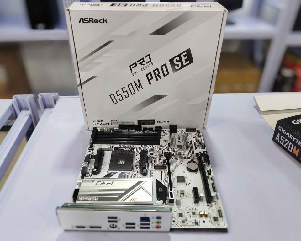 Brandnew Asrock B550M PRO SE (Category: Computer Parts) located in Cavite. Submitted by dwelancas79880 (Listing ID 1365059289, Image 1). Description: Supports AMD AM4 Socket Ryzen™ 3000, 3000 G-Series, 4000 G-Series, 5000 and 5000 G-Series Desktop Processors* Supports DDR4 4733+ (OC) 1 PCIe 4.0 x16, 1 PCIe 3.0 x16, 1 PCIe 3.0 x1 Graphics Output Options: HDMI, DisplayPort Realtek ALC897 7.1 CH HD Audio Codec 4 SATA3, 1 Hyper M.2 (PCIe Gen4 x4).