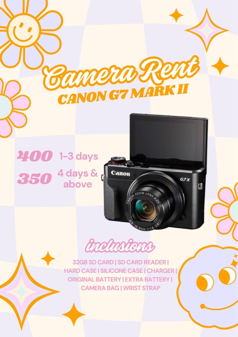 CANON G7 MARK II for RENT (Category: Cameras) located in Manila. Submitted by alexandrasaintmleux (Listing ID 1359681052, Image 1). Description: 50% downpayment is required to secure a slot/s LOCATION: MANILA & PAMPANGA message me to rent :) INCLUSIONS: • 32GB SD CARD • SD CARD READER • HARD CASE • SILICONE CASE • CHARGER • ORIGINAL BATTERY • EXTRA BATTERY • CAMERA BAG • WRIST STRAP SPECS: • Sensor: 20.1 MP 1.0-inch CMOS sensor • Processor: DIGIC