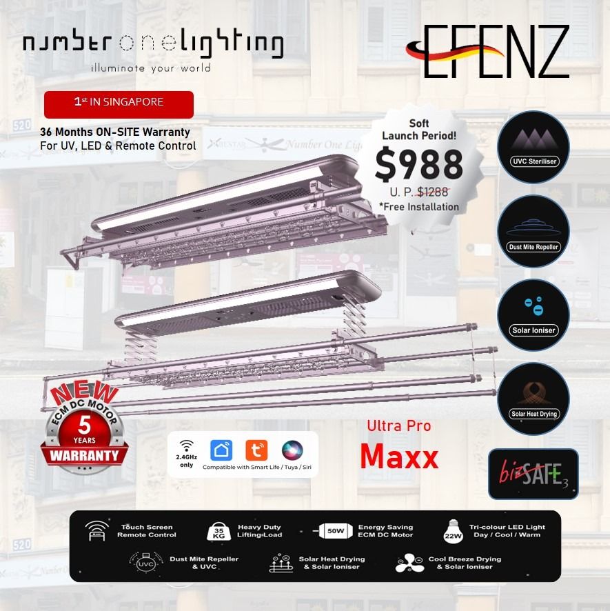 Efenz Laundry Rack (Multi-function), Free installation* (Category: Clothes Drying Rack) located in Singapore. Submitted by no1lightsg (Listing ID 1364983532, Image 1). Description: Laundry rack that is the first to come with 3 years warranty for LED and remote control! 5 years warranty for motor! Color: Valentine Pink / Graphite Laundry rack comes with smart feature. Just download the app, register, login and pair it! All adjustment can be done v