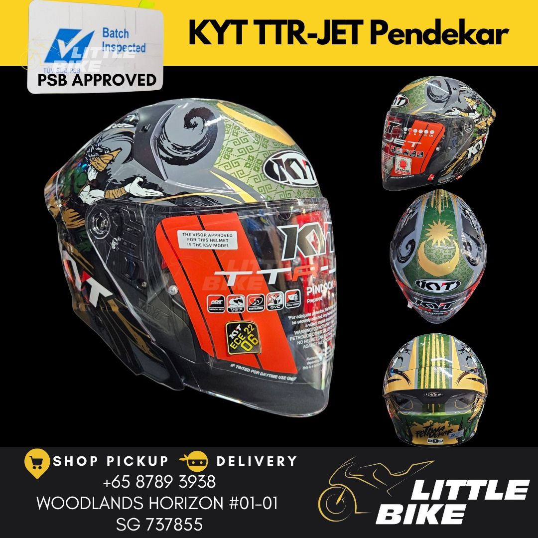 FREE DELIVERY - PSB Approved KYT TTR JET Open face helmet with sun visor TT-R (Category: Motorcycle Apparel) located in Singapore. Submitted by littlebike (Listing ID 1365016689, Image 3). Description: Store Purchase/ Free Delivery PSB APPROVED Dual Visor - Sun Visor If not sure which you want, come down shop. Displays available for all sizes and designs to view and try. We have a selection of over 200+ PSB Approved helmets.