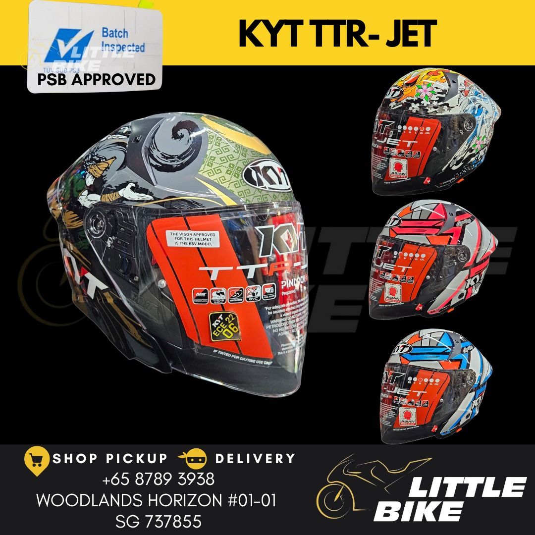 FREE DELIVERY - PSB Approved KYT TTR JET Open face helmet with sun visor TT-R (Category: Motorcycle Apparel) located in Singapore. Submitted by littlebike (Listing ID 1365016689, Image 1). Description: Store Purchase/ Free Delivery PSB APPROVED Dual Visor - Sun Visor If not sure which you want, come down shop. Displays available for all sizes and designs to view and try. We have a selection of over 200+ PSB Approved helmets.