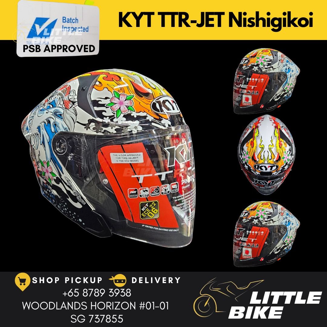 FREE DELIVERY - PSB Approved KYT TTR JET Open face helmet with sun visor TT-R (Category: Motorcycle Apparel) located in Singapore. Submitted by littlebike (Listing ID 1365016689, Image 2). Description: Store Purchase/ Free Delivery PSB APPROVED Dual Visor - Sun Visor If not sure which you want, come down shop. Displays available for all sizes and designs to view and try. We have a selection of over 200+ PSB Approved helmets.
