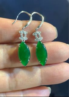 天然A玉翡翠銀鑲冰綠大蛋面耳墜64225028838531110