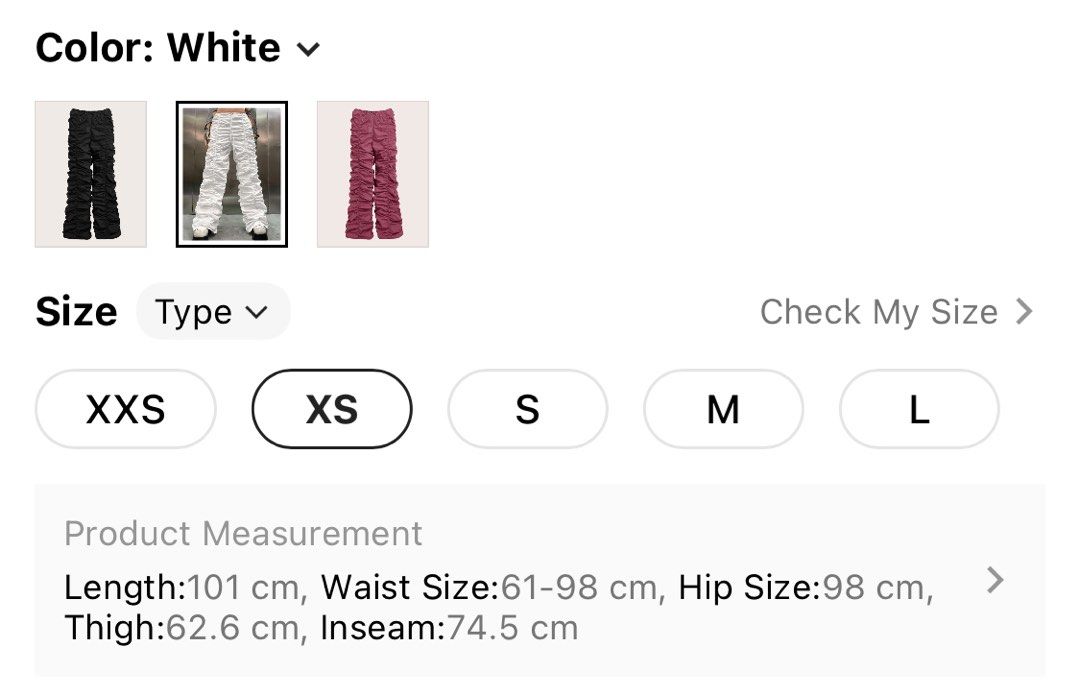 drawstring ruched pants (Category: Other Bottoms) located in Makati City. Submitted by fairylees (Listing ID 1365176505, Image 2). Description: check 2nd pic for measurements its really big for its size so it can fit XS to Medium.