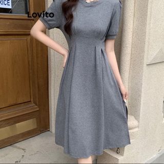 Lovito Women Casual Plain Pleated Dress